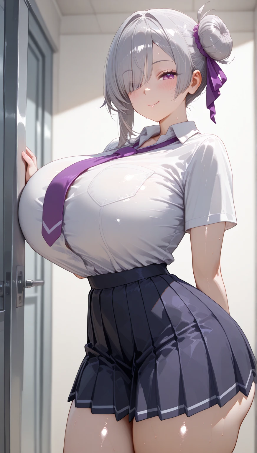 (Masterpiece:1.2, Best quality:1.2, Beautiful, High quality, A high resolution:1.1, Aesthetic), Detailed, Extremely detailed, ambient soft lighting, 4K,akaneshinjou, shinjou akane, light purple hair, (pink eyes:1.2), short hair,
BREAK black pantyhose, bow, collared shirt, hood, hooded jacket, jacket, open clothes, open jacket, open shirt, pantyhose, purple bow, purple jacket, school uniform, micro mini shirt, sleeves past wrists, unbuttoned shirt, white shirt,croptop,((Big breasts:1.4)), ((gigantic cleavage breasts:1.5)),(((sagging breasts))),
wet,wide hip,big ass,thick thight,upper legs,Wide buttock,BREAK indoors, city,perfect face, perfect body
BREAK looking at viewer, BREAK (masterpiece:1.2), best quality, high resolution, unity 8k wallpaper, (illustration:0.8), (beautiful detailed eyes:1.6), extremely detailed face, perfect lighting, extremely detailed CG, (perfect hands, perfect anatomy),sitting chair,smile,blush,narrow waist,dynamic poses,1 japanese beautiful girl , early 18 years old,((Fair skin:1.2)),, Long legs, ((direct lighting:1.4)),in class room,thin clothes,