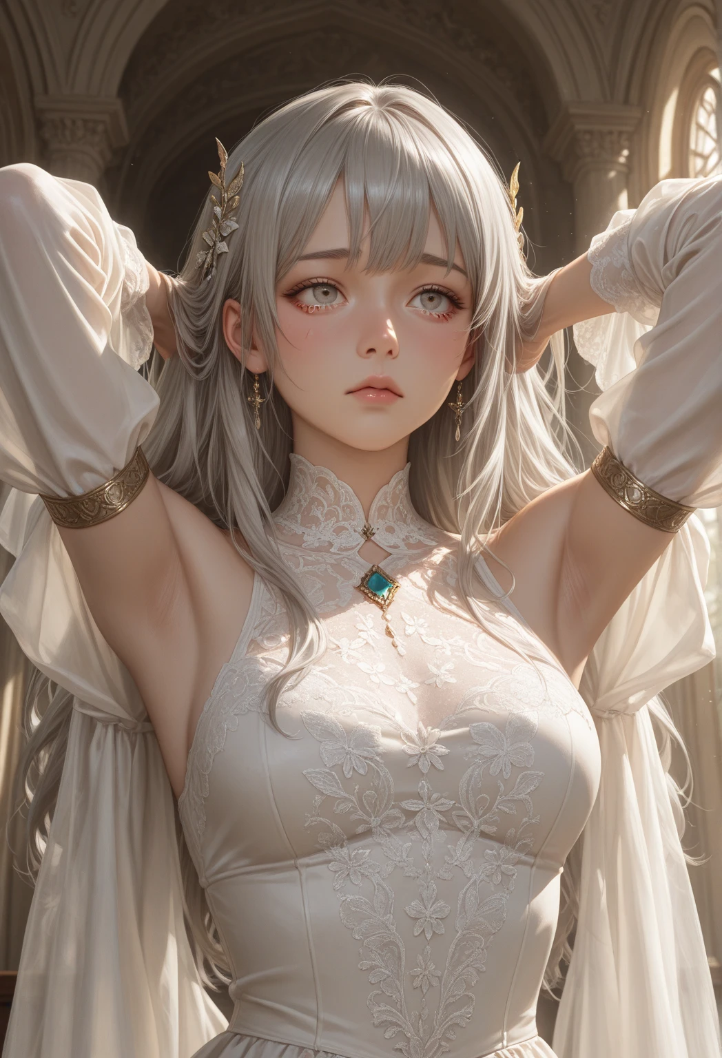 best quality, masterpiece,gray hair, golden eyes,white clothes, search,hair,fair skin,side braids,,(very detailed),(Really delicate and beautiful face),(detailed beautiful eyes),big bust,redness of ears,blush light smile, Exotic eyes, animal ears loli mode, 1lady solo