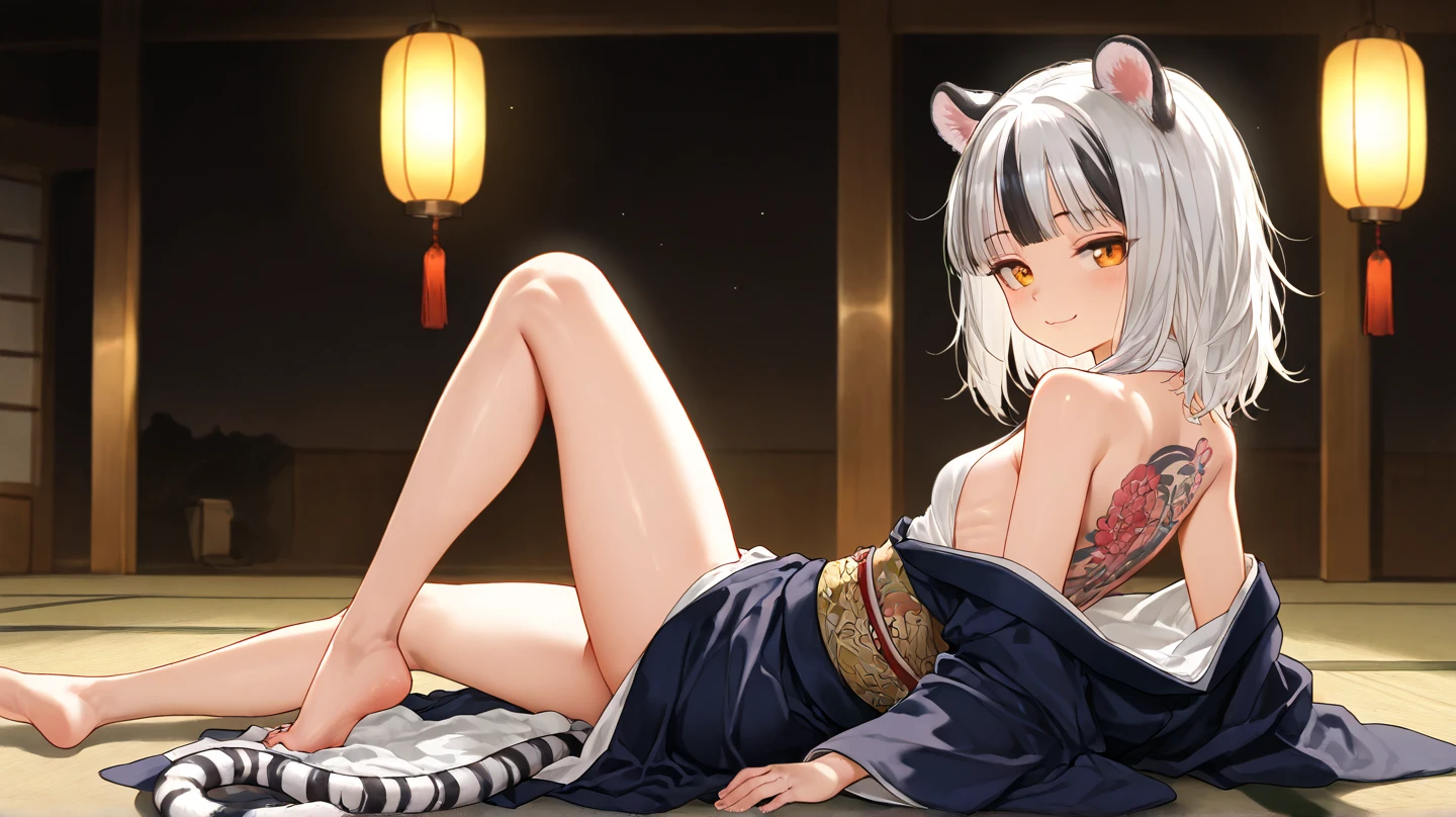 masterpiece, high resolution, high quality, NSFW, white kimono, big breasts, seduction, cat ears, floral pattern, yellow eyes, gray hair, twin tails,