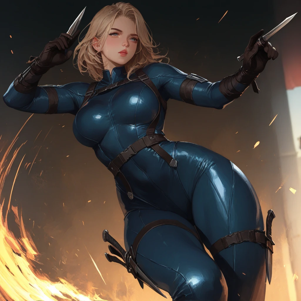 masterpiece, best quality, agrias, grey sweater, black leotard, spin, blonde hair, superhero, boots, tornado, whirlwind, solo, bare legs