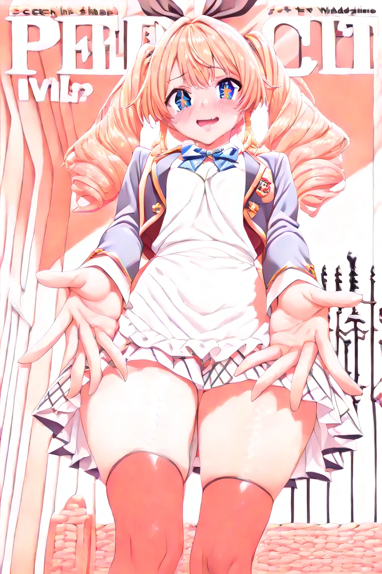 NSFW:1.6,(Magazine Cover、Small breasts、Sex:1.8)、((From below:1.2))、(Squat down and show off your crotch)、(Dynamic pose:1.1), pretty girl, Highest quality、超High resolution、High resolution、Extremely detailed CG、8k unit wallpaper、s old、Beautiful attention to detail、(((twintails,;d,green_eye,length_hair,white_dress,white_pantyhose,blonde_hair,star_\(symbol\),Have,twin_Drills,Drill_hair,前hair,Latin_cross,green bow,hair_ornament,frills_dress,length_sleeve,just_shoulder,white_hat,independent_sleeve,Medium chest,)))、(Wet body:1.4)、(Shiny body,:1.6)、 blush, Sweat,Embarrassing、(Expressions of joy:1.5)、(Exposed nipples)、red blush、shy、Skirt flip、Ahegao