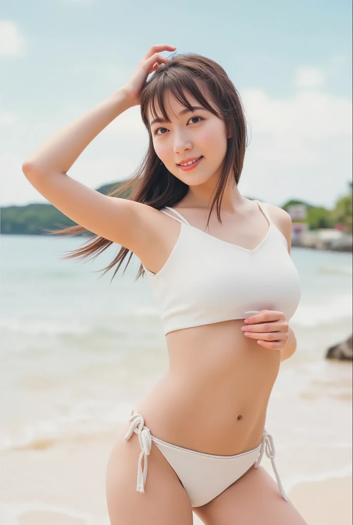 masterpiece,best quality,ultra detailed,highres,high-resolution,4k,realistic,RAW photo,((real person)),portrait photography,photorealistic,detailed skin,(delicate black eyes ), A soothing woman with sagging eyes,Calm and calm, middle hair,skinny,clothing,The wind is blowing,tareme、(gigantic breasts),cotton tank top、Denim cut-off bottoms、Bikini Bottoms、Shorts、I can see your crotch、US West Coast、Promenade by the sea、Healthy beautiful woman、Japanese、(8 heads)、Long legs、Sitting on a bench、Open your knees,Bend your knees、smile、View the photographer,I can see my belly button、Boldly spread your legs、The groin is visible、Professional Lighting、Sweaty skin、Bold Pose、Widen the hip joint、The pubic bone is visible、Beautiful pubic bone、Beautiful underbelly,Beautiful crotch、Lean against the back of the bench、Relaxed posture