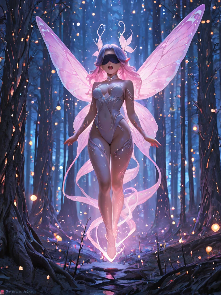 1girl, assertive lithe fairy woman, ecstatic expression, [floating|flying], [butterfly|fairy] wings, POV from below, (small:1.35) sagging breasts, wearing transparent pearlescent blue [frock|one-piece bathing suit], cleavage cutout, glowing pupils, cinematic eye textures, hyper focus on facial details, looking at viewer, light yellow bald head, BREAK enchanted nighttime elven forest background, warm friendly aura, atmospheric motes, subsurface scattering, ray traced, depth of field, bokeh, god rays, vivid colors, cinematic hard lighting, realistic shadows