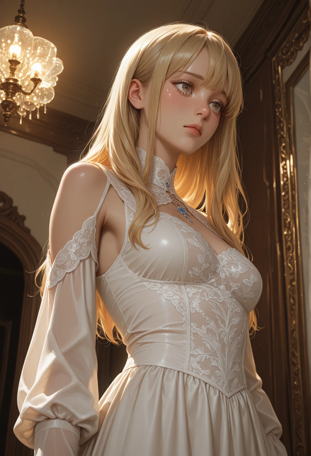 Girl with blonde hair and blue eyes, beautiful, thin, one with long hair, one with short women, (((white sheer blouse, no black miniskirt)), underwear bitten, sexy pose, lower body slender, back view, gaze is by the window, buttocks stick out, on all fours, buttocks facing away, may be wearing provocative clothes, hair is short bob women, ((white sheer blouse, Black miniskirt)), braless, underwear bite, sexy pose, lower body slender, behind the woman there are windows showing various buildings in the city (absurdity, high resolution, super detail), carrier woman