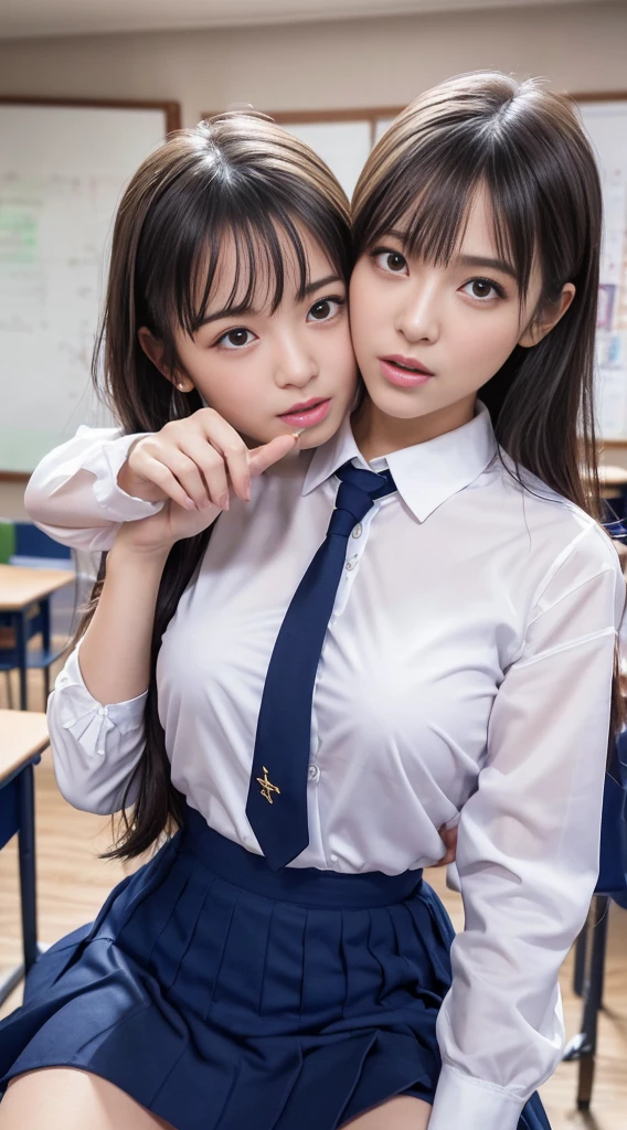 1young girls, (extremely detailed beautiful face), Smile happily, (Best Quality:1.4), (Ultra-detailed), (extremely detailed CG unified 8k wallpaper), Highly detailed, High-definition raw color photos, Professional Photography, Realistic portrait, Cinematic Light, ((Ponytail)), Bangs, (High School Uniform, Pleated mini-skirt:1.3), crass room,