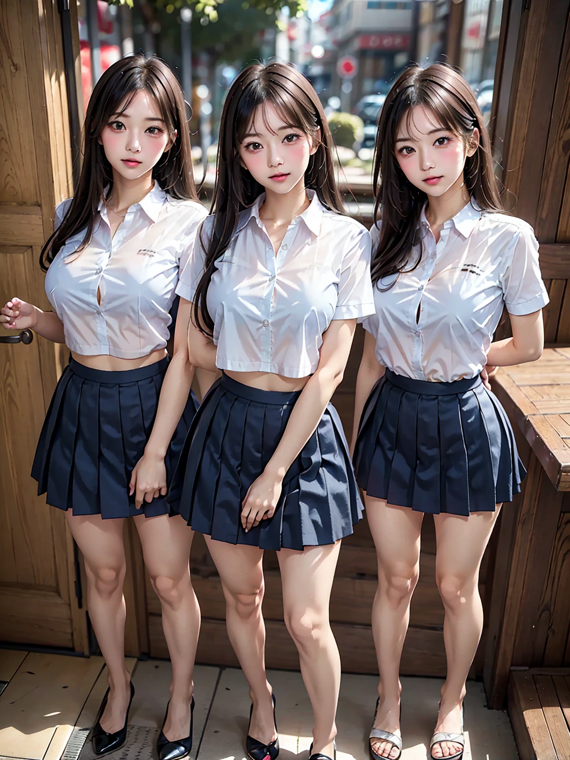 ulzzang-6500-v1.1, (top quality, masterpiece), (raw photo: 1.2), (photorealistic: 1.4), highest quality, master, very tasty and beautiful, highly detailed CG, 8k wallpaper, amazing fine details, master masterpiece, official art, huge file size, high resolution, 2-3 girls, ( snugly next to each other without separation between characters), (no break in one piece), teens to twenties, Japan, Nogizaka girl, (representation of the human body based on precise anatomy), intricate details, Japan schoolgirl uniform, (neat white blouse of smooth sheer fabric with ribbon ties), ( Ultra Mini Navy Blue Tartan Check Pleated Skirt), (Everyone is wearing the same clothes), (Tightly dressed), (Less revealing upper body), (White panties), (fastening all buttons of the blouse)), Blonde, (((Very large breasts)), (Very large women), (Very large women), (Very large clothes), (No bra), ( The area shows through the skin tone), (pink areola), small prickles, (big buttocks), (thin thighs), very beautiful eyes, bright ultramarine eyes, (detailed pupils reflecting light), (the iris of the eye is painted with fine radial pattern details), (the expression of the whites of the eyes is slightly dark), (the upper 30% of the eyes are shadowed), double eye lids, half-open eyes and mouth and sleepless expression, No makeup, snug, No makeup, Natural eyebrows, realistic shading assuming a light source, Cute girl and mature beauty, (whitening skin), Baby face, Smile, Long hair half braid, (((Backwards pose)), ((Looking back from the back)),((Show off the buttocks)),(((Facing straight back and not looking at us)),Snuggle, Cheeks together,Cross your arms like a lover,Look at the other person, Beautiful garden with flowers, clear sunshine,