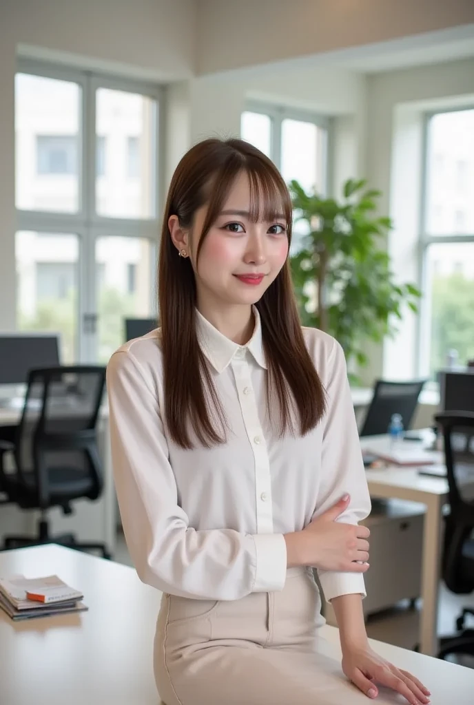 Japanese lady, 40 years old, cute face, posing to viewer, solo:1, in an office, random background, long hair, skinny figure, very small breasts, emphasize very thin waist, wearing tight gray knit dress
