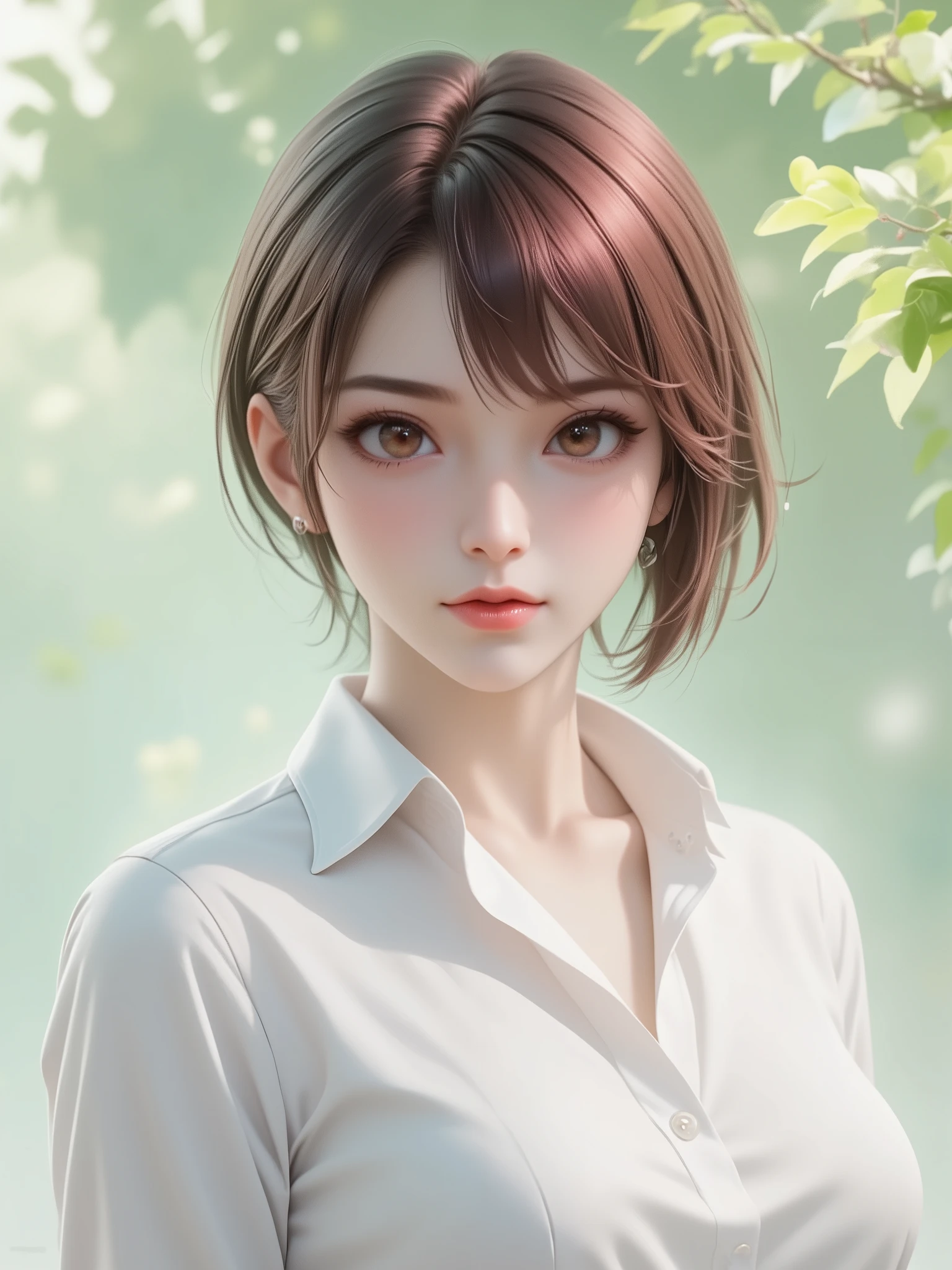 A person is depicted in the image with short, sleek dark red hair that falls gently over the ears. The individual wears a white collared shirt, which adds a formal or school-like appearance, open button cleavage. The background features a soft gradient of green hues, giving it an artistic, watercolor feel with abstract shapes hinting at natural scenery or foliage in the distance. The lighting is soft and diffuse, complementing the serene and calm atmosphere of the image. The composition is simple, focusing primarily on the upper half of the figure and providing an overall tranquil and harmonious mood.
