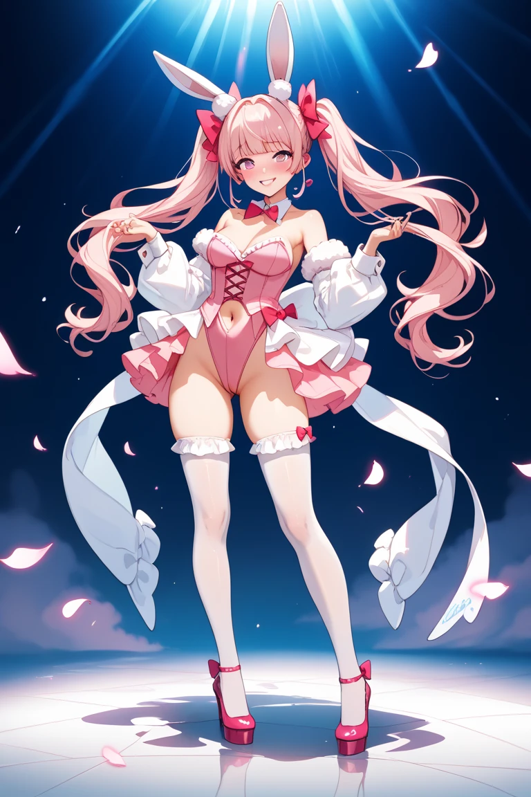 shortstack, small girl, wide hips, pointy ears, full body, standing, revealing gloves, drill hair, twintails hairstyle, pink leotard, curvy, blonde hair, white long socks, little crown, high heels, long white gloves, pink ribbons