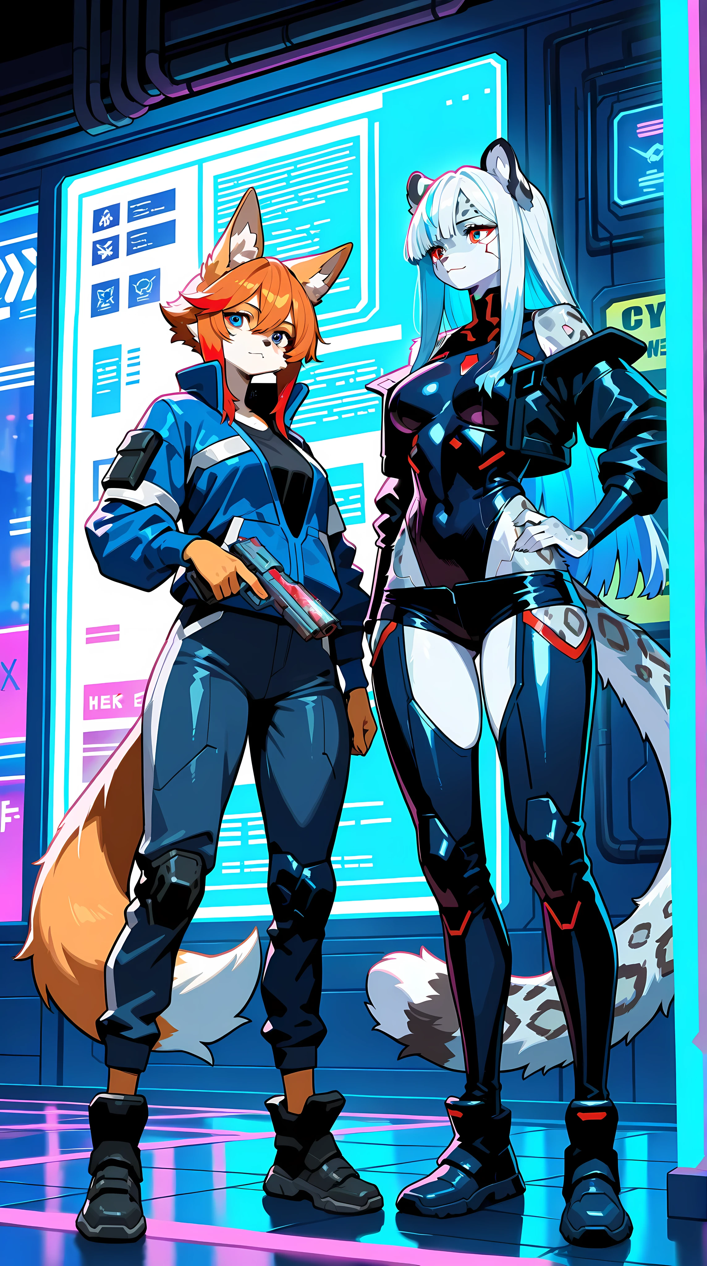2 girls. First girl: 21 years old , mammal snow leopard , furry, flowing long white hair with blue highlights, normal proportions , aesthetic , Cyberpunk style full clothing, 1 handgun in cyberpunk style. Second Girl 21 years old , mammal fox, furry, short orange hair with red highlights, normal proportions , aesthetic , Cyberpunk style full clothing, 1 handgun in cyberpunk style. ultra very finely detailed