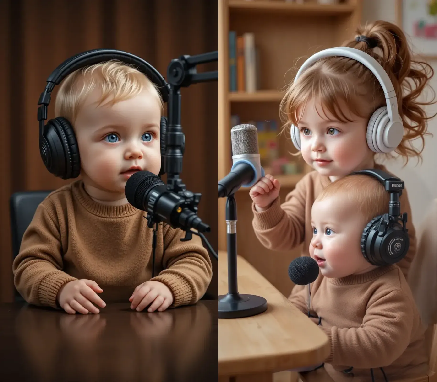 Image with the word Vanessa and a girl with a dog on her lap, drawing while wearing headphones in a room full of teddy bears