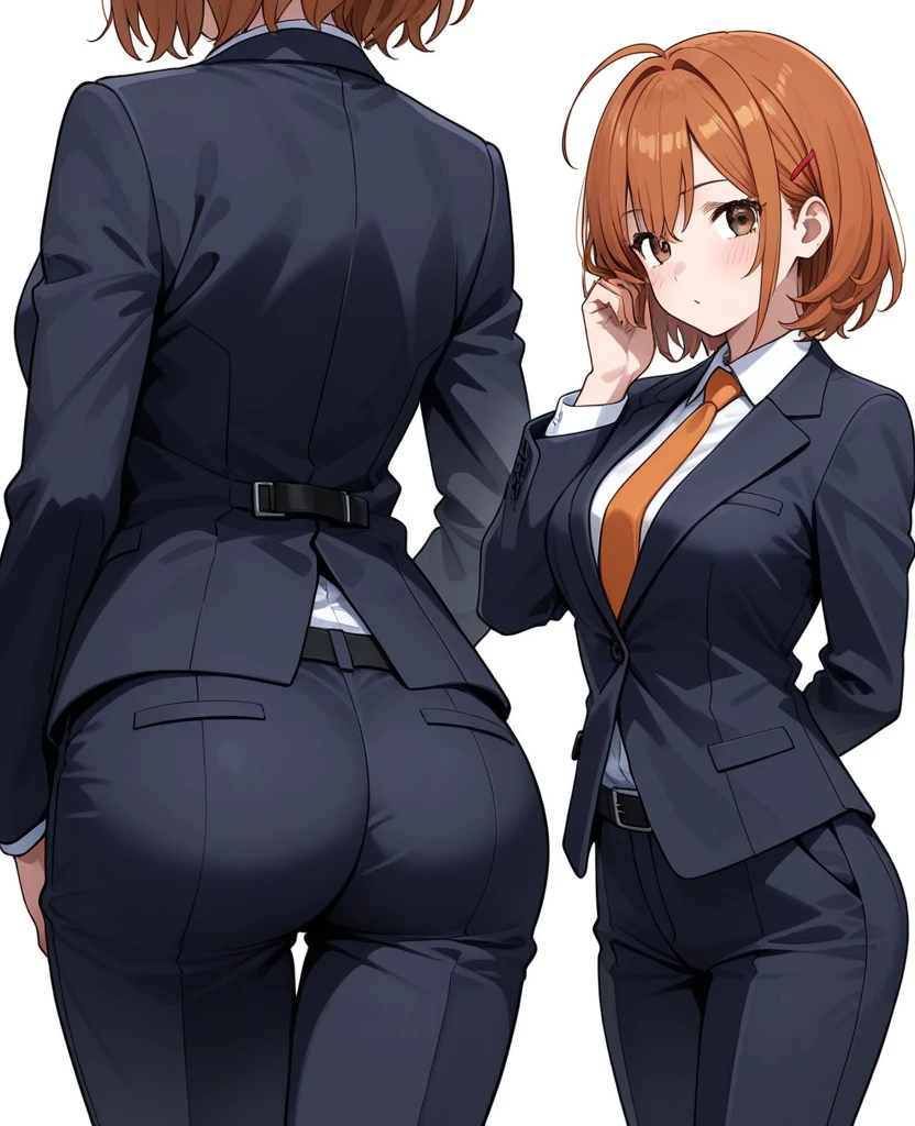pale adult woman, large breasts, very thick thighs, wide hips, short ginger hair in a sleek hairbun, glasses, tight black blazer, tight black pencil skirt, thick thighs pressed together, wearing small black high heels, bored expression, strict teacher, facing forward, standing, legs and feet shown in the photo, crossing arms under her chest, she looks over her shoulder, she notices cum on her ass, half lidded eyes 