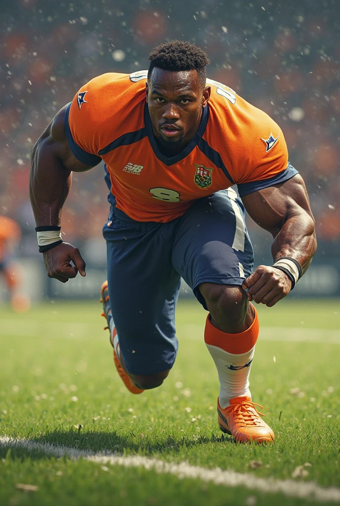 Photo of African American kneeling on a football field in soccer uniform, robust stocky body, A 50-year-old male, Anime face,man bear pig,Pink complexion, Short and thick,500 lbs,chunky,strong muscle,Raised sexy,There are tattoos all over the body,Thick thighs,is shy,perspire,Get wet all over your body,attractive smile, musculous, dad bod, he is about 50 years old, he is about 50 years old, Super buff and cool, attractive beefy man