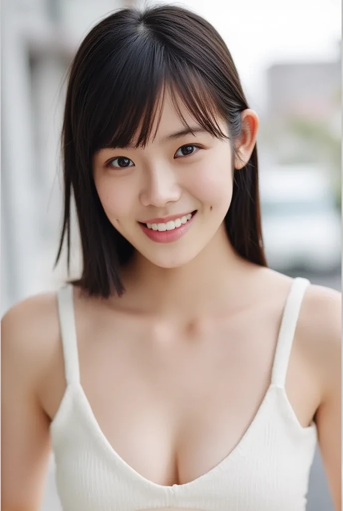 (8k), (highest quality: 1.2), (Realistic), (Realistic: 1.37), Ultra-high resolution, 1 girl, Head to knee photo、cute, smile, Mouth closed, Beautiful details, Beautiful Nose, whole body, Wet Hair,Wet body、 Large Breasts、Saggy breasts、Soft Breasts、Voluptuous thighs、Odd Eye、Heterochromia iridis