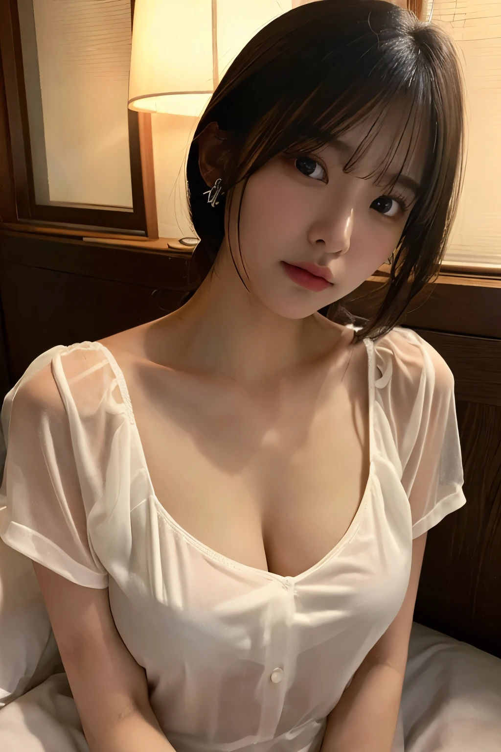 ((of the highest quality, 8K, masutepiece: 1.3, Raw photo)), Sharp Focus: 1.2, (1 AESPA Girl :1.1), Solo, (Realistic, Photorealistic: 1.37), (Face Focus: 1.1), Cute face, hyperdetailed face, (short messy hair: 1.2), updo, Small Smile, Small breasts, flat chest, thigh, nude, office lobby, business blouse