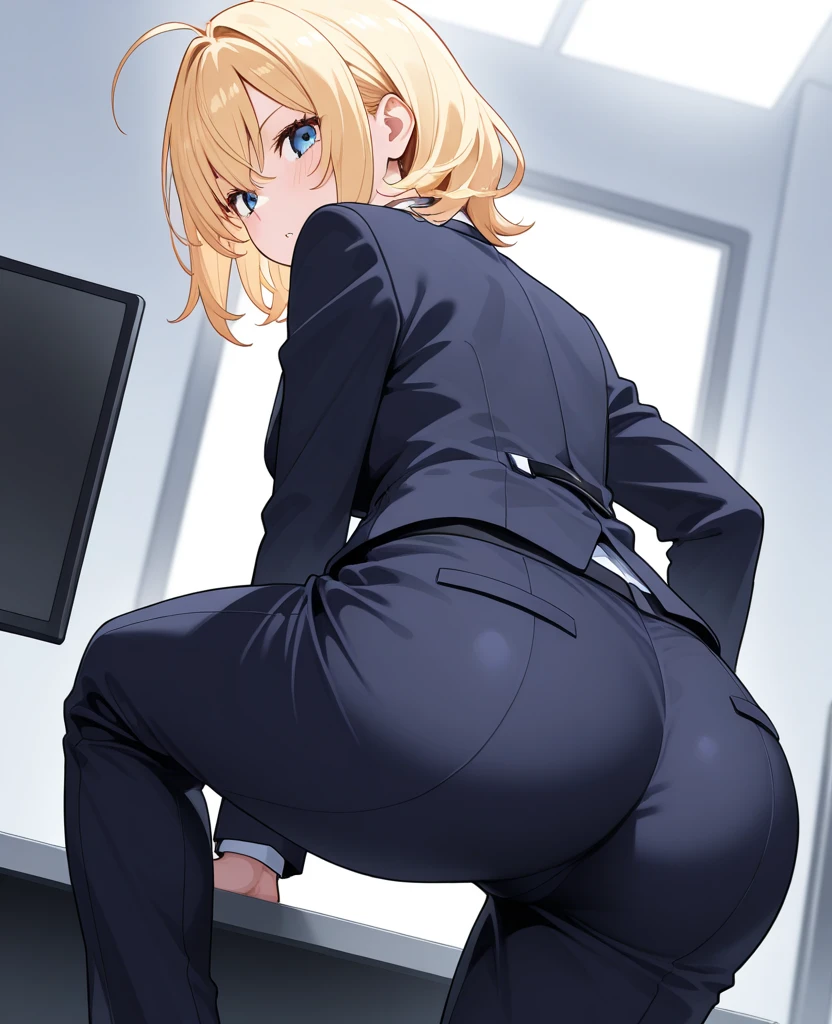 1girl, :o, <lora:planya:0.95>, blue eyes, short hair, blonde hair, multicolored hair, ahoge, hair between eyes, makeup, all fours, ass, ass focus, bent over, black pants, blurry, blurry background, depth of field, from behind, indoors, long sleeves, looking at viewer, looking back, pants, shirt, solo, white shirt