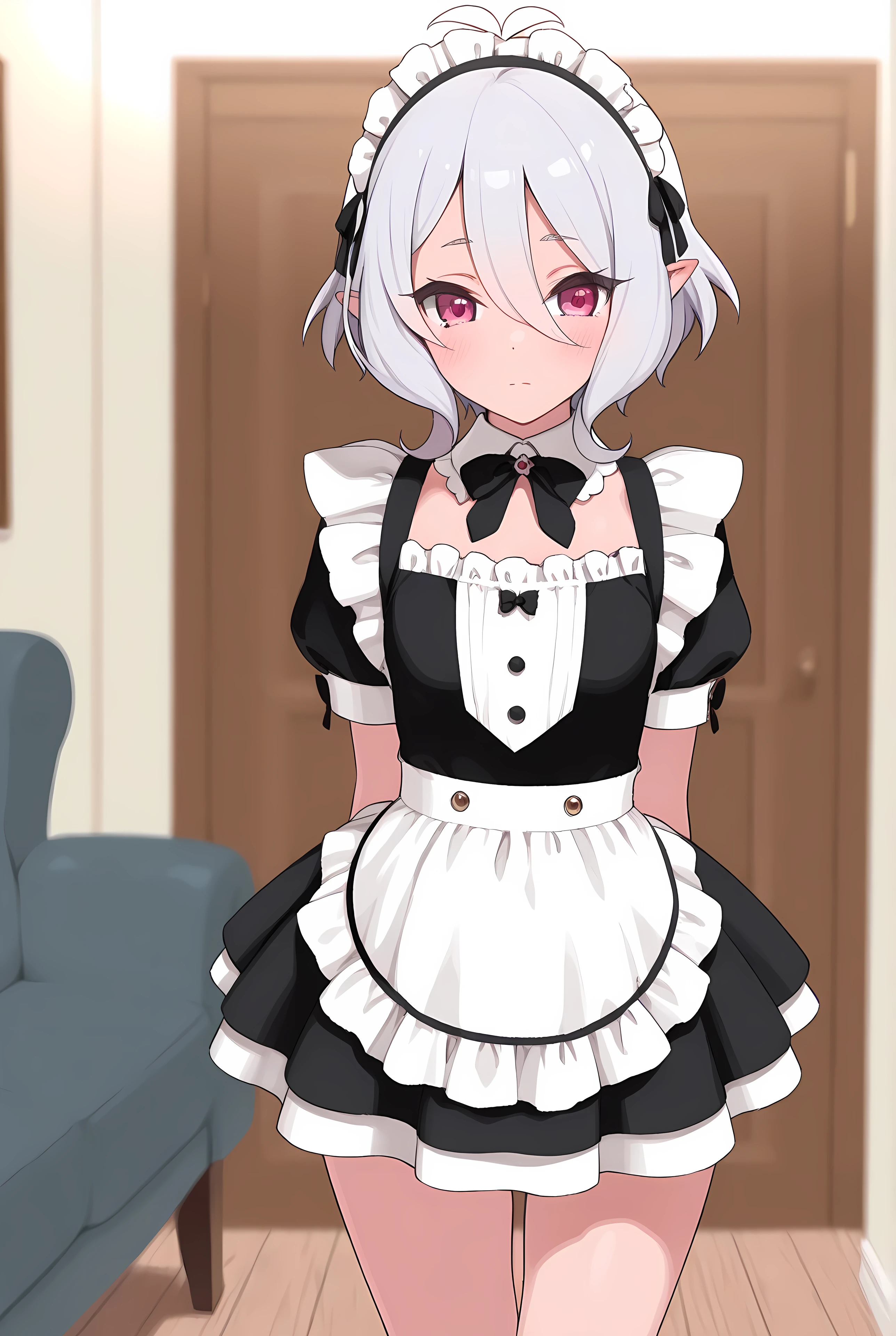masterpiece, best quality, very aesthetic, absurdres, 1girl, kokkoro, Enchanting Eyes, short black maid outfit, short skirt, standing,living room,Lunch_style,