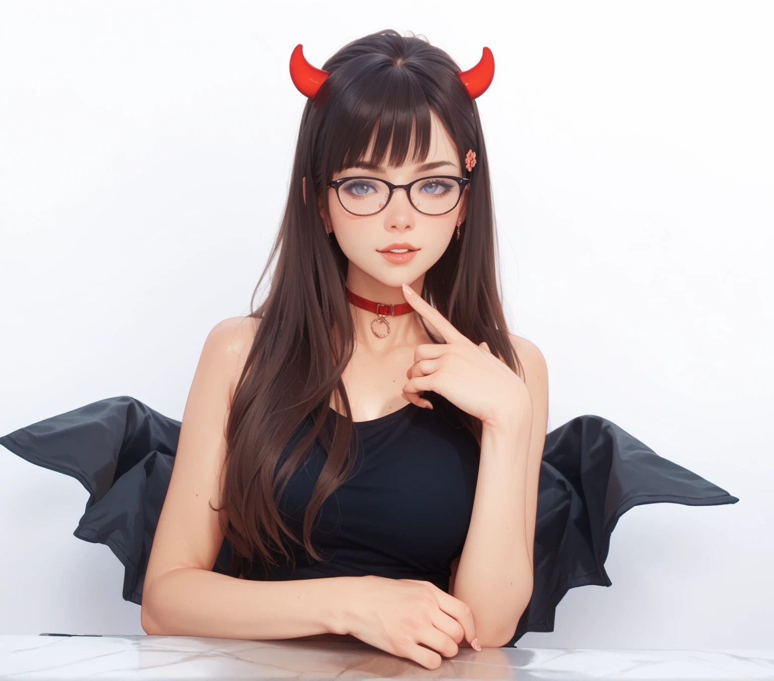 Are you okay、(best illustrations)、8K resolution、intricate details、最high quality、realistic、super detailed、best lighting、best shadow、soft lighting、ultra hd、dungeon and Dragon、dungeon、necromancer、night、magic、dark style、Succubus、devil&#39;s daughter、bat wings，(((devil&#39;s horns)))、((((black round rim glasses))))、(((big breasts)))、devil&#39;s tail、(red eyes shine:1.6)、masterpiece、beautiful face、Tyndall effect、realistic写真、(high detail skin:1.2)、8KUHD、Digital single-lens reflex camera、high quality、picture、High resolution、 absurd、Ponytail distortion、Optimal ratio of 4 fingers and 1 thumb、最高のHigh resolution、1 girl、hair ornaments、necklace、gem、beautiful expression、body up、big breasts emphasis、tight waist、wide ass、Tyndall effect、Photoreal、(high detail skin:1.2)、