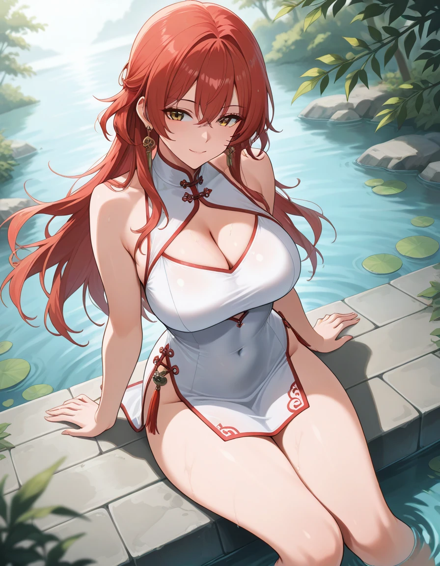 (Masterpiece, best quality, beautiful eyes, highly detailed, high res), 1girl, fox girl, fox ears, fox tail, orange hair, green eyes, miko, Japanese priestess, goddess, Miko clothing, mature woman, big breasts, massive breasts, massive cleavage, sexy, shiny skin, wet skin, water temple, water, wet clothes, shiny clothes, beautiful face, mommy body, divine, smiling, tight clothes, thick thighs,
