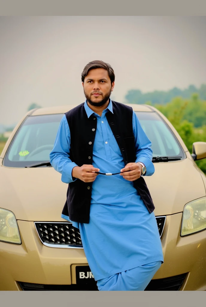 Crate a news man image with qameez shalwar and bachside news car in news logo fix clean shave and head Cap