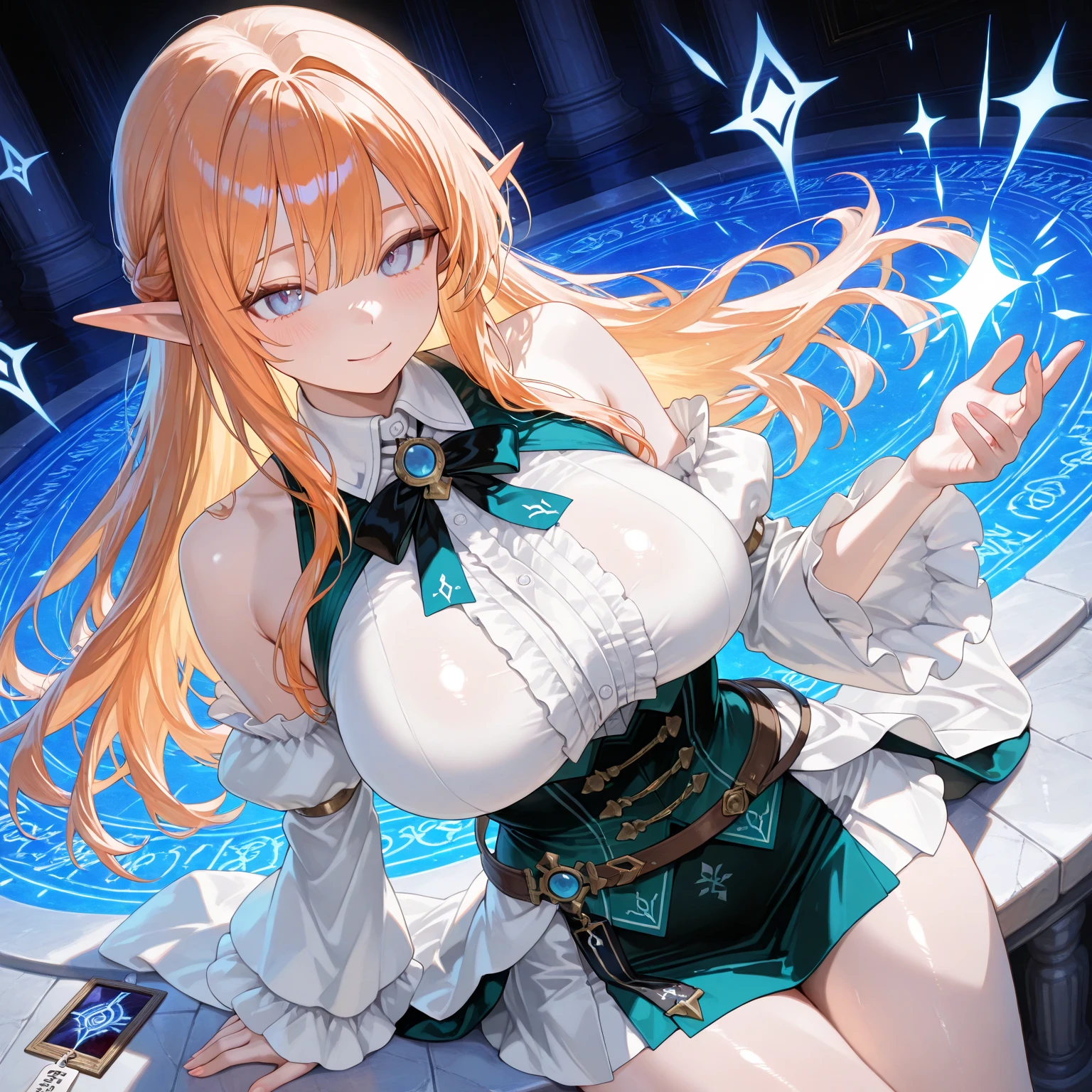 Esmeralda, 18 years old, long blonde hair, blue eyes, huge breasts, half naked, wearing a sexy dark blue dress all over her body, purple crystal parts in the crystal room, looking embarrassed and a little scared..hentai