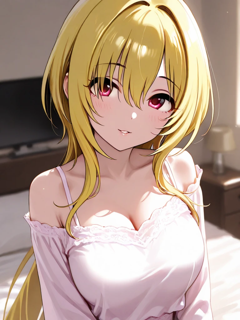 toloverumy, my, (Yellow Hair:1.5), Long Hair, (Red eyes:1.5),Messy Hair,smile,blush,Oversized T-shirt,One-shoulder T-shirt,Black string underwear,barefoot,Waking up,Sitting on the bed,morning,morning陽,The sun is rising,So that the whole body goes into the illustration,Sexy pose,
break indoors, Bedroom,
break looking at viewer, (Cowboy Shot:1.5),
break (masterpiece:1.2), highest quality, High resolution, unity 8k wallpaper, (figure:0.8), (Beautiful fine details:1.6), Highly detailed face, Perfect lighting, Highly detailed CG, (Perfect hands, Perfect Anatomy),