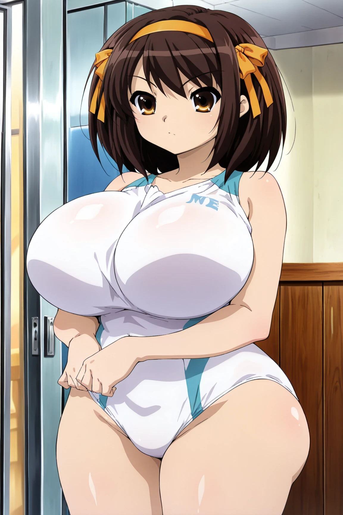 Anime woman enormous bloated diaper mess, huge breast, white bra, pov underneath