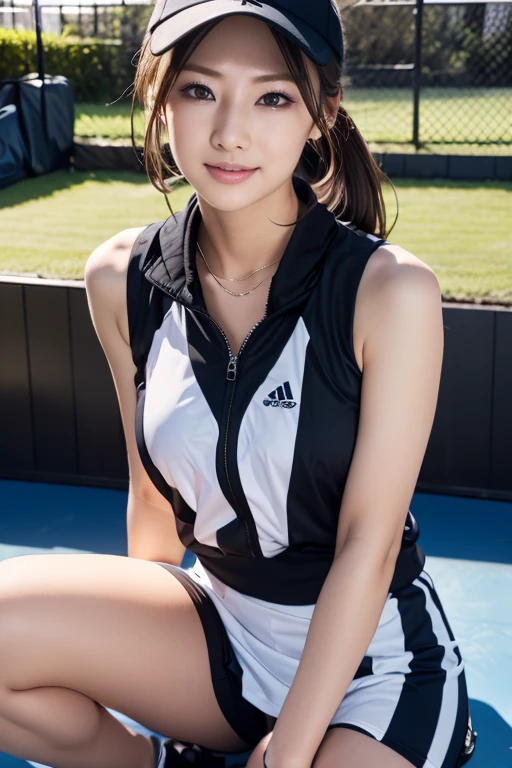 masterpiece, best quality, illustration, Super detailed, fine details, High resolution, 8K,wall paper, perfect dynamic composition, front view, standing, leaning forward, 18 year old girl, tennis player, Gravure Idol, cute type, (Details High quality, realistic depiction of eyes:1.3), Colossal tits, low ponytail, black hair color, Dark makeup, Big Natural Color Lip, thick thighs, perfect body shape, plump figure, large hips, beautiful clavicle, white tennis uniform, short sleeve, shirt, skirt, socks, tennis shoes, depth of fields, natural lighting
