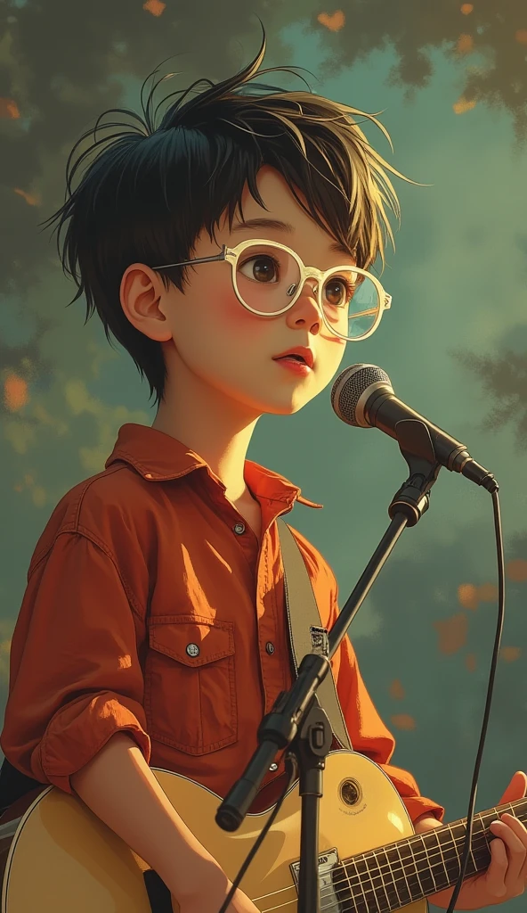 younge boy，speech，self-assured，microphones，with blue sky and white clouds，stage --auto
