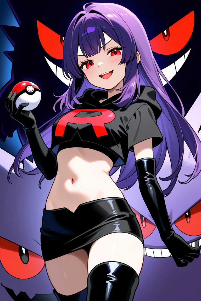 (masterpiece), perfect face, expressive eyes, beautiful makeup, voluptuous woman, toned physique, pale white skin, black long hair, red shining eyes, Sabrina Saffron City Gym Leader Pokémon series, red leather jacket, black tank top, red leather skirt, gothic style, Gengar Tattoo on arm, holding a pokeball, sultry, sitting, bench, park, night, smiling, cute, adorable, ((surrounded by Gengar, Haunter and Ghastly)), Pokémon Gym Leader, sexy pose,