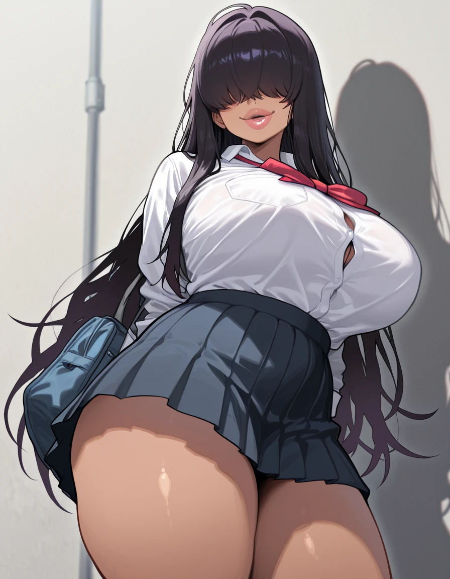 A girl with big breasts has her skirt blown up by the wind and her pantyless pussy is exposed.