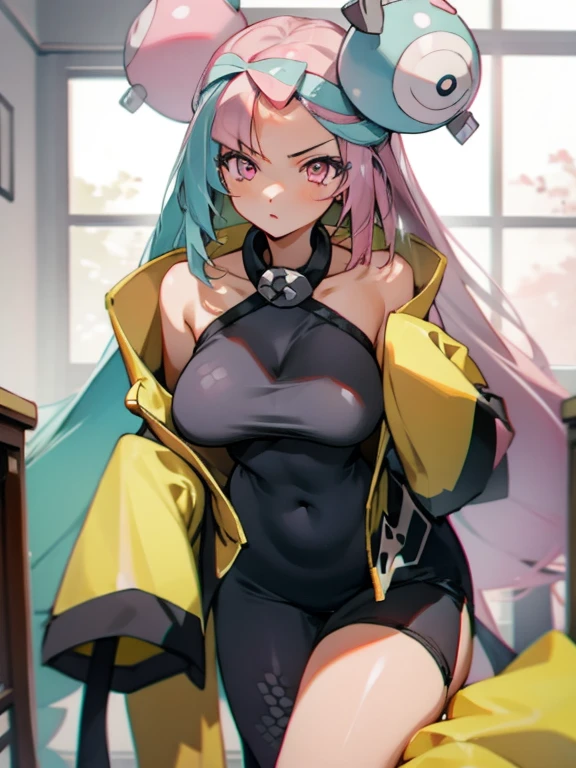 masterpiece, Highest quality, High resolution, ION 1, One person, Long Hair, Large Breasts, Yellow Jacket, Off the shoulder, hair ornaments, sexy Sitting