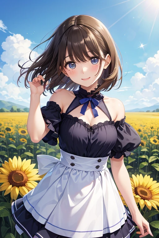 ((masterpiece, Highest quality)), High resolution, 8k, Cinematic Light, High Contrast, Written boundary depth, Strong brilliance, Detailed Background, One 18-year-old girl, cute, fine grain,Short Hair, Sparkling blue eyes, Detailed Iris, (Sunflower motif)
