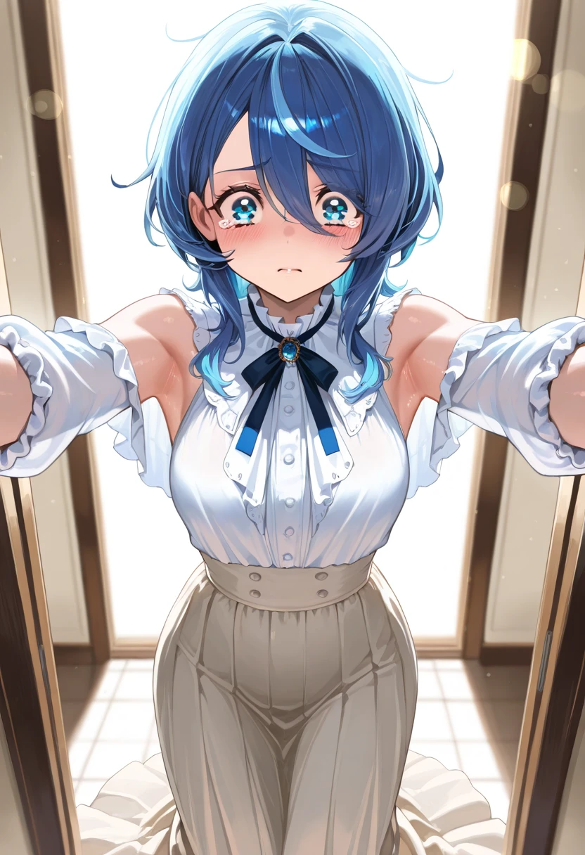 score_9, score_8_up, score_7_up, source_anime, 1girl, blue hair, medium hair, one curl, forehead, blue eyes, cat ears, flat chest, eyeglasses, micro bikini maid, headdress, blouse, skirt, apron, areola, private room, mansion,