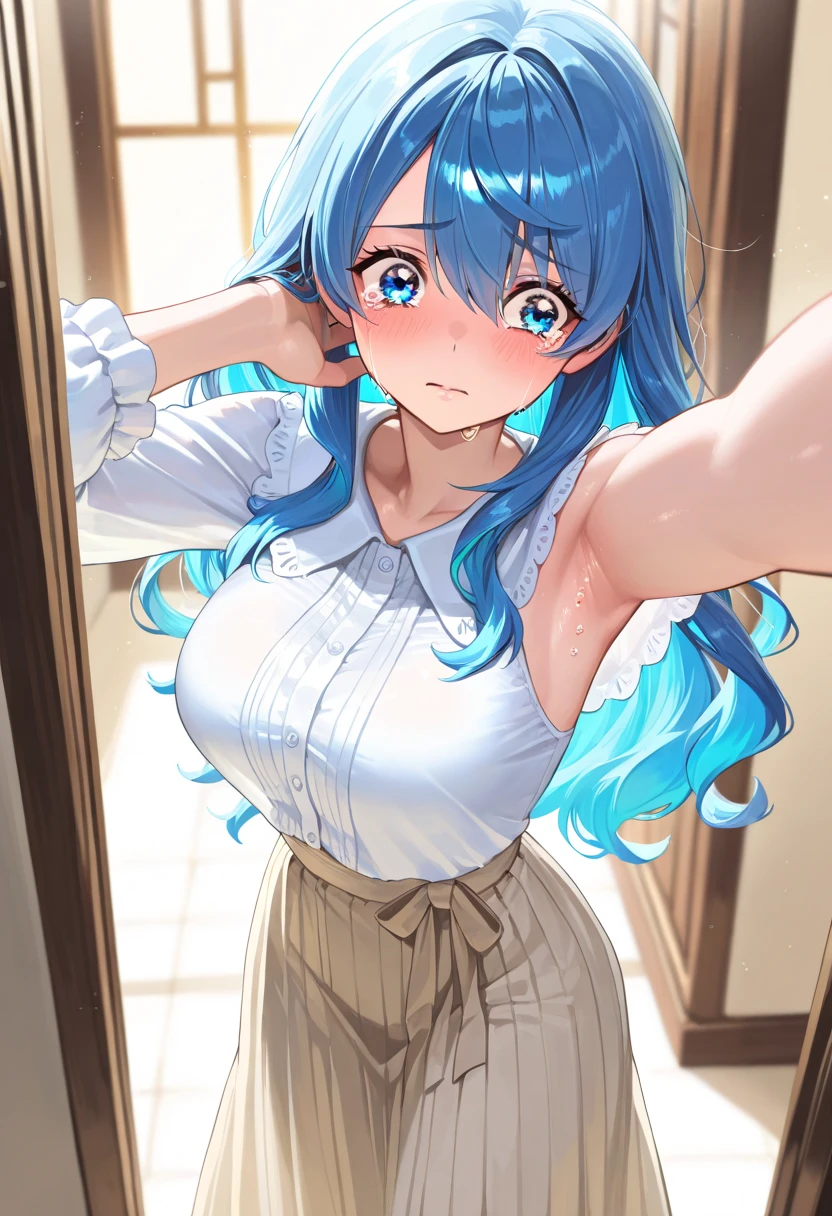 (a masterpiece, highest quality, absolute resolution, extremely realistic work, intricate and meticulously detailed realistic materials and textures and light sources, perfect anatomy),
BREAK
A toddler walking in a kindergarten, small and cute, a cute face pleading with courage, a hair clip, a person looking up from above,
BREAK
. blush Light blue hair, long wavy hair, big breasts, cleavage,