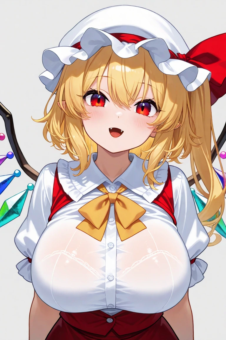 masutepiece, Best Quality, 1girl in,Flandre Scarlet,Blonde side ponytail、a bed、I'm wearing a white mob hat、has colorful feathers、fullnude、HCup Breast、It is dripping with the mouth open and the tongue sticking out、Crazy face、Only the upper body is visible、Beautiful breasts、Courtship action、a closeup