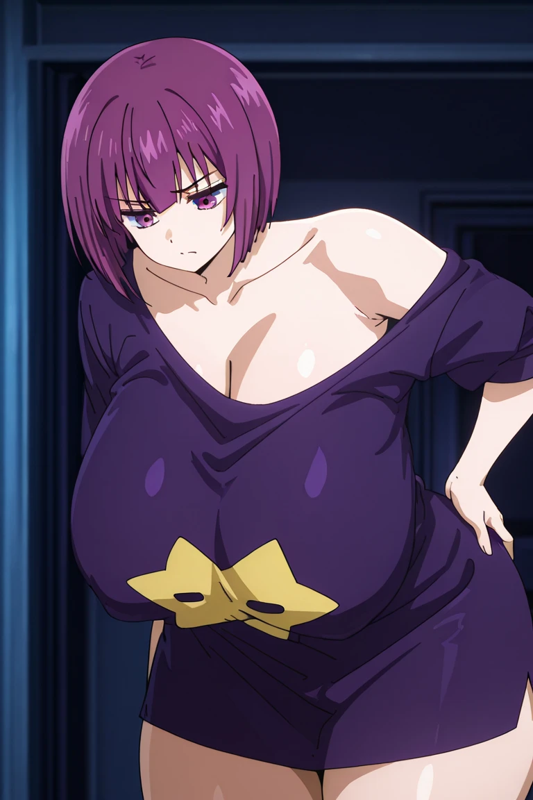 sao anime style asuna \(sao\), 1girl, brown eyes, bright purple hair,Big breast,Fake big breast,Sculpted calves,Wide hips,Big ass,Tight tights,scoop Cleavage, Skindentation,Long thick Wavy hair,thin purple long sleeve shirt with scoop cleavage,mono color outfit,Purple lips,dark blue Eyeshadow,Fancy earring,chain Dog tag necklace,multistrand necklace,((Solo)),((1girl)),Mature,Curvy figure,Swaying hips,Heels,Confident walk,eyelash,Bare leg,Light blush,Thick lips,Half eyes open expression,Calm expression,Smile,Red light district,Blunt bang hair,Body facing viewer,High quality,tattoo with image of Laughing coffin mark,Bright purple hair,Lowrise jeans,Open navel,Symetrical bang,Standing,1hand in hips,Tanned skin