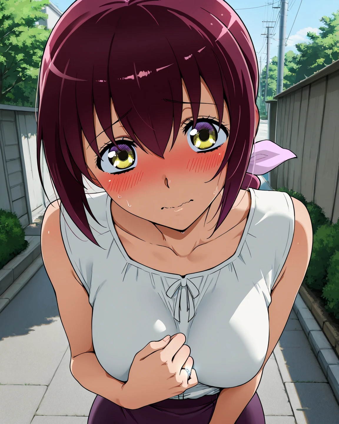 Masterpiece, best quality, beautiful detailed face, detailed eyes, official style, 8K, solo,
Hoshizora Ikuyo, slender, , sleeveless blouse, skirt, married ring, blush, embarrassed, watching viewer, outdoors, 