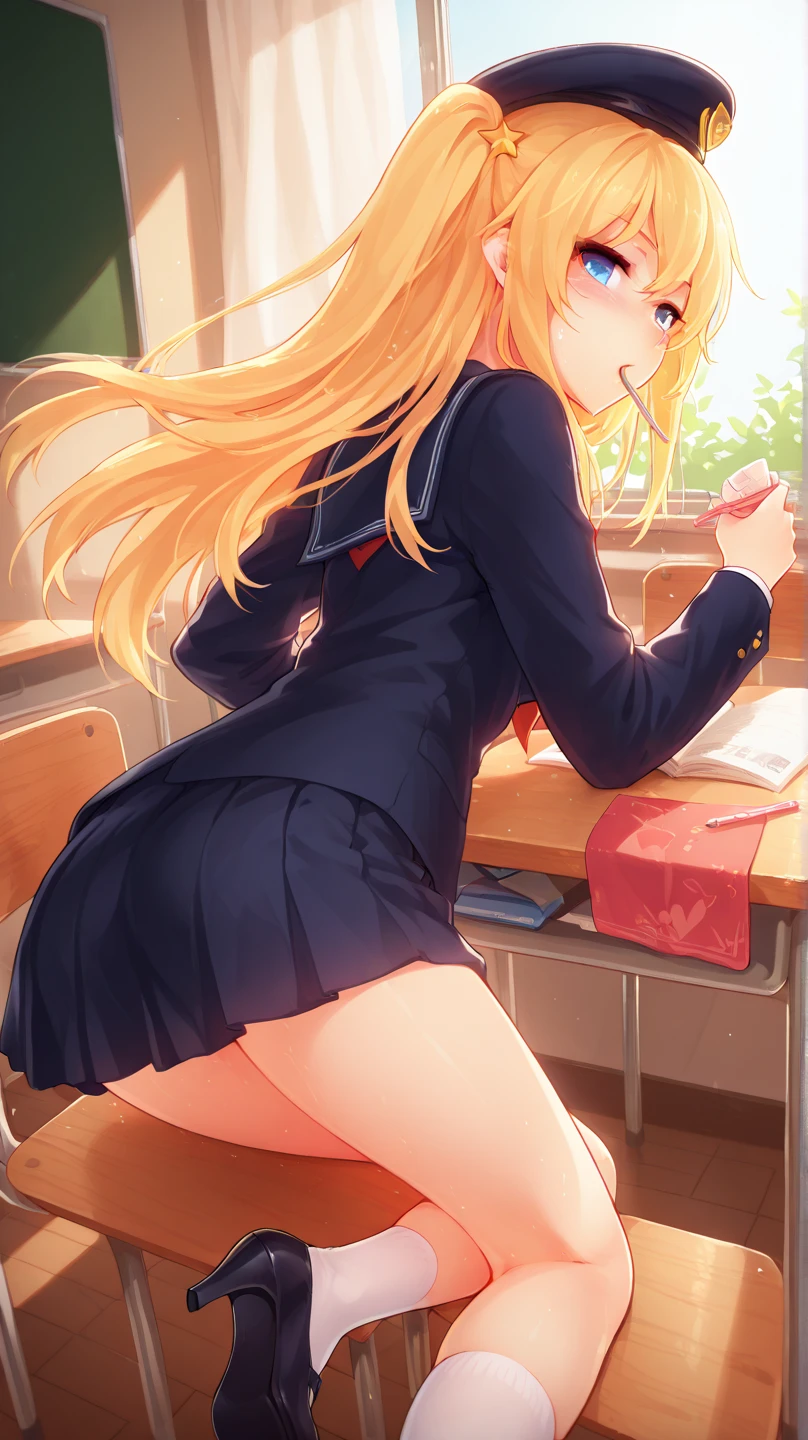 (Overlooking figure),dynamic angle,Super detailed, figure, close, straight, 1 girl, ((Soryu Asuka Langley, interface headset, Uniforms of the 3rd Shin-Tokyo Municipal Daiichi Junior High School:1.4, blonde)),Her eyes shone like 夢のような stars,(shining eyes:1.233),(beautiful and detailed eyes:1.1),(No expression,closed mouth),(Are standing), [[delicate fingers and hands:0.55]::0.85],(finger details), (woman puts her right hand in her panties:1.7), fingering, (pussy juice:1.2)),embarrassed expression、The expression that you are holding back from going to the toilet, (sexual pleasure expression:1.4), (expression of agony:1.2)、close your eyes、sexy look、look upward