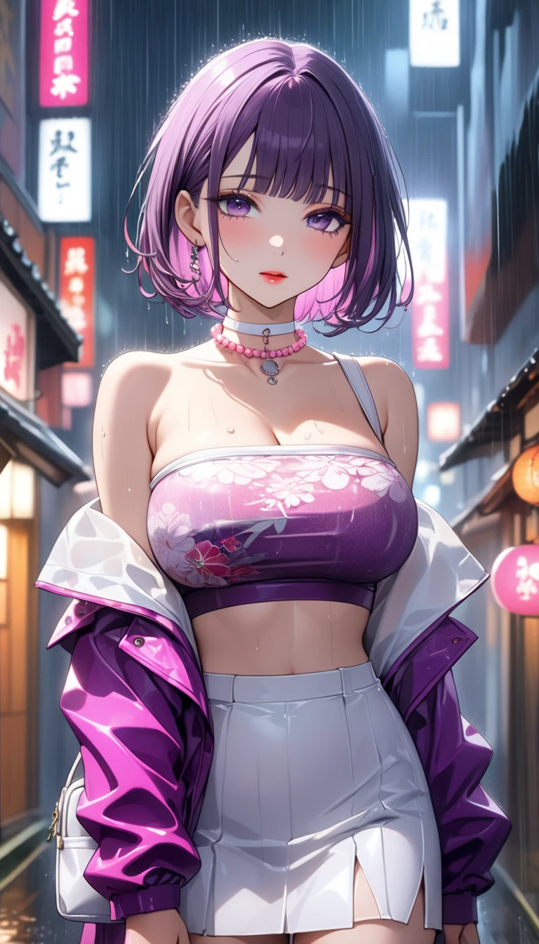 1girl, blunt bangs, braid, wide sleeves, hair ornament, japanese clothes, red obi, (purple hair:1.2), very long hair, straight hair, looking at viewer, highly detailed background, (photo realistic:1.2), detailed eyes, red eyeshadow, depth of field,thigh, (ulzzang-6500:0.7), upper body, (solo:1.2), (cyberpunk city:1.1), cleavage, (finger on lips:1.1),Shiny skin