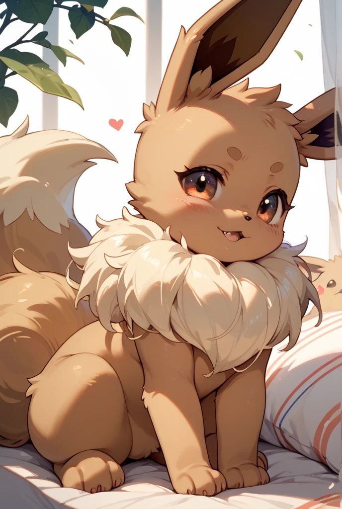 with heart-shaped eyes,on stomach,lying,on the bed,heart,fantastical,pussy,Pokemon,furry,kemono,cute,non-human, Hairless,Animal body,red fluffy long hair,orange color fluffy body,surprised face,body like a puppy,Gemstone Collars,deformation