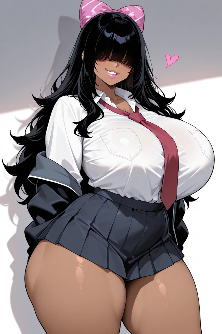 score_9, score_8_up, score_7_up, score_6_up, score_5_up, score_4_up, BREAK 1girl, intricate, standing, cameltoe, tan lines, brown skin,, school outfit , (eyeliner:1.2), looking at viewer, black hair, hime-cut, long hair, jewelry, detailed background, breasts (masterpiece, high quality:1),