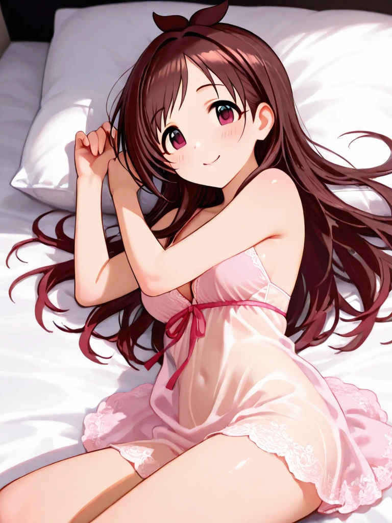 masterpiece, beautiful illustrations, highest quality, pretty girl, 1girl, Bedroom, pastel colour, (two-separated lingerie), cute lingerie, reddish brown long hair, headband, bright lighting, presenting, looking at viewer, on bed, embarrassed