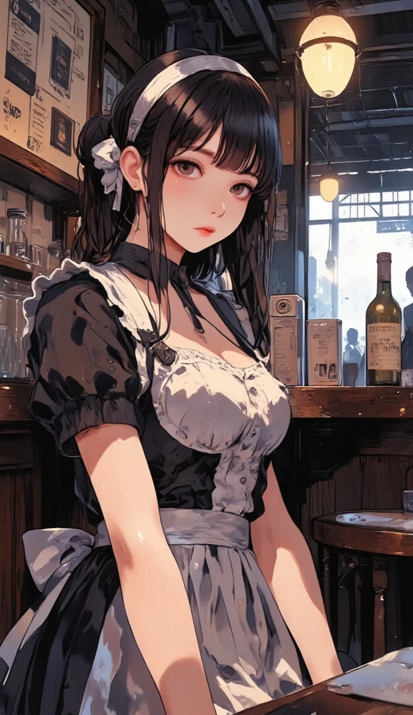 ((((Correction in the right arm))) Maid girl, olhos vermelhos, burgundy hair, pele perfeita, brincos de argola grandes, piercing na boca, corpo escultural, Serve coffee, maid cafe, corpo inteiro (ultra-realistic), {Extremamente detalhado 8k CG Unity Wallpaper}, Fotografia por paisagem expansiva, (a centered vision that prioritizes the sky and the entire environment, Wide open field view), (Low angle photo), (Luz alta: 1.6), (Pouca luz: 1.2), (Fonte de Luz Quente : 1.5), detalhes complexos, (Cores iridescentes: 1.5), (clear lighting), (Atmospheric Illumination), sonhador, servo, beleza