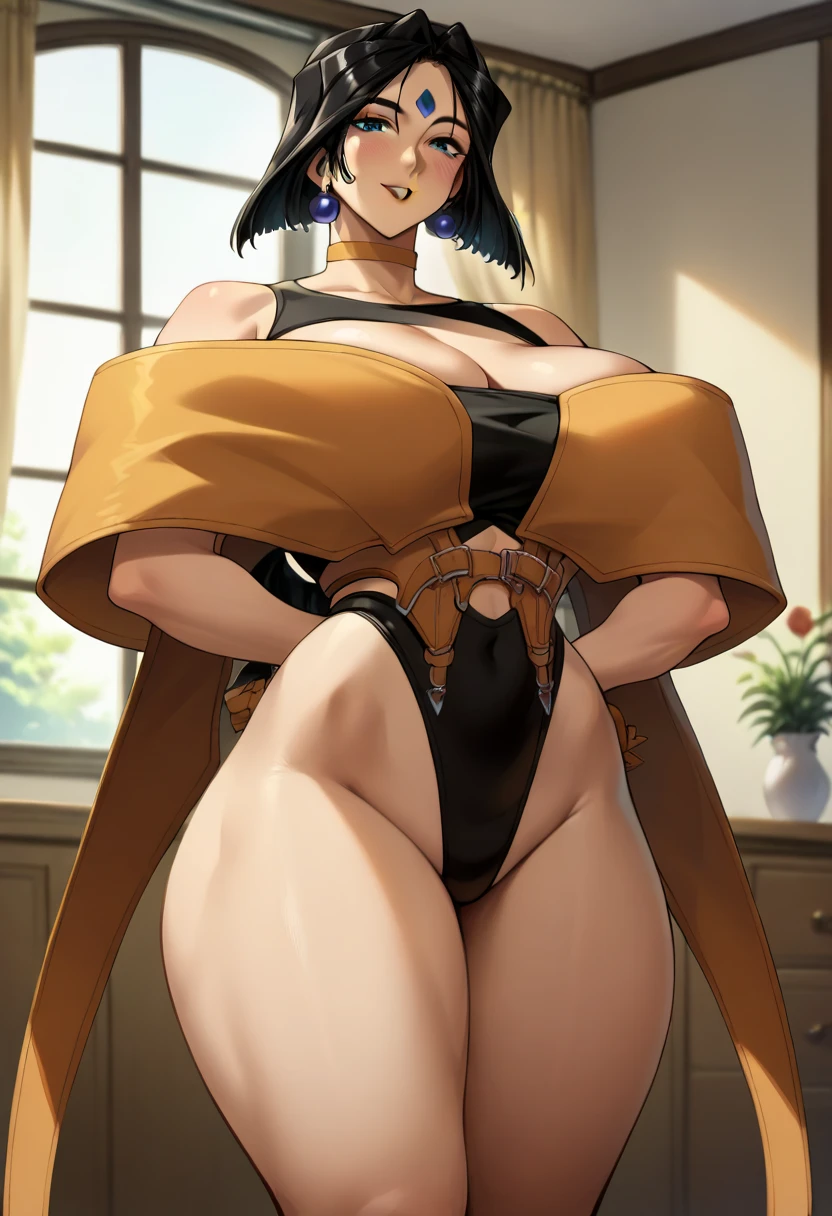 (solo:1.1),(masterpiece), (best quality:1.3), ultra detailed, intricate, professional art, digital art, absurdres, kalibelladonna, 1girl, bob hair, black hair, messy hair, cat ears, tanned skin, (tan skin:1.6), pierced cat ears, solo, Kalibelladonna wearing one-piece-swimsuit at the beach, choker , sadistic smirk, furniture, universal lighting, frontal view, wide hips, crotch bulge, bulging pussy, puffy pussy, (leaking cum:1.5), realistic cum, (queen of spades symbol tattoo on thigh), arm tattoo,
