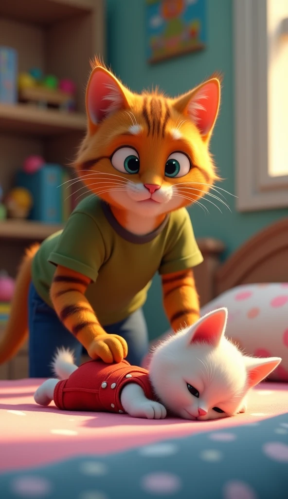 a beautiful young girl in a white diaper, DreamWorks Animated Puss in Boots style, lying on a soft bed, thin, serene expression, pale skin, delicate features, detailed facial features, intricate patterns on diaper, bedsheets with floral designs, warm lighting, dreamlike atmosphere, cinematic composition, high quality, photorealistic, intricate details, masterpiece