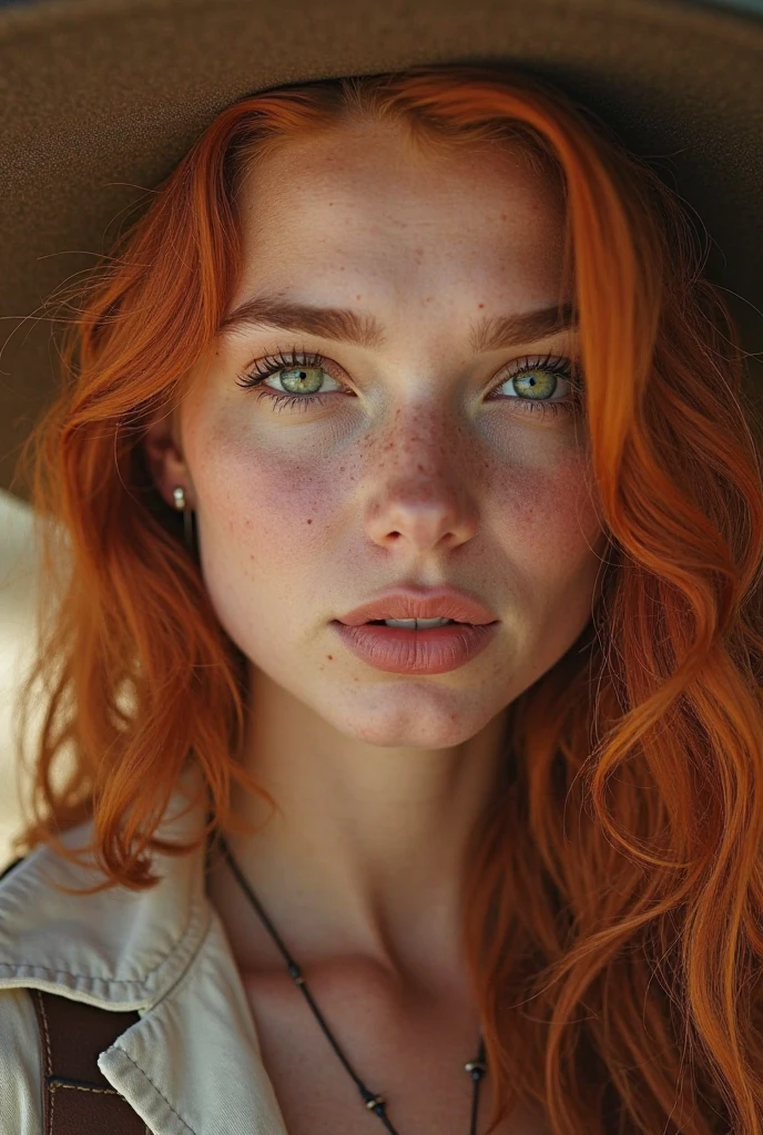 closeup portrait of beautiful women, (bright side light rim light:1.2), deep dark shadows, dramatic camera angle, high contrast color grading, (masterpiece:1.2), (photorealistic:1.2), (bokeh:1.2), (best quality), (detailed skin:1.2), (intricate details), (8k), (HDR), (cinematic lighting), (sharp focus), long red hair, dark green eyes, freckles, light smile,