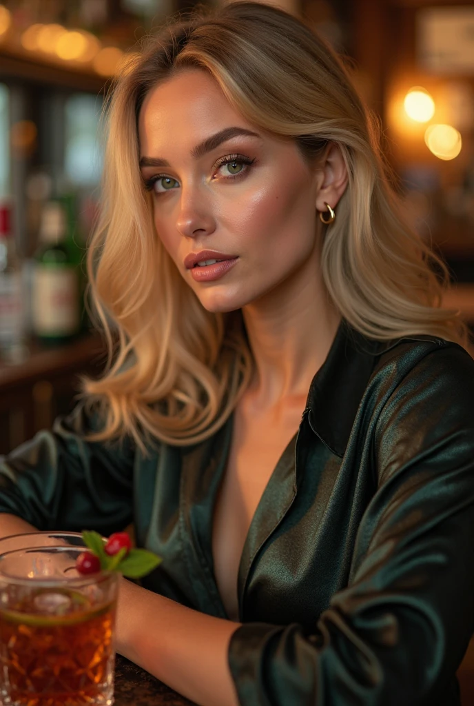 A 30 years old eastern European woman wearing sweater, jeans and high heels and makeup and munching on a single rib in a restaurant with satisfaction in her eyes. She is holding it with both hands. Her body is fully visible in the photo.