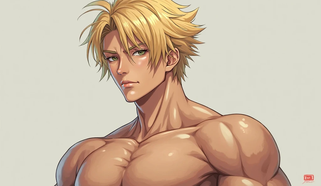 Bakugo Katsuki, blonde hair, defined muscles, prominent veins, sweat running down his body, in a stunning natural setting, highly detailed scene, ((highly detailed eyes)), ((perfectly drawn eyes)), ((highly detailed face)) , looking at the viewer, expression of serenity
