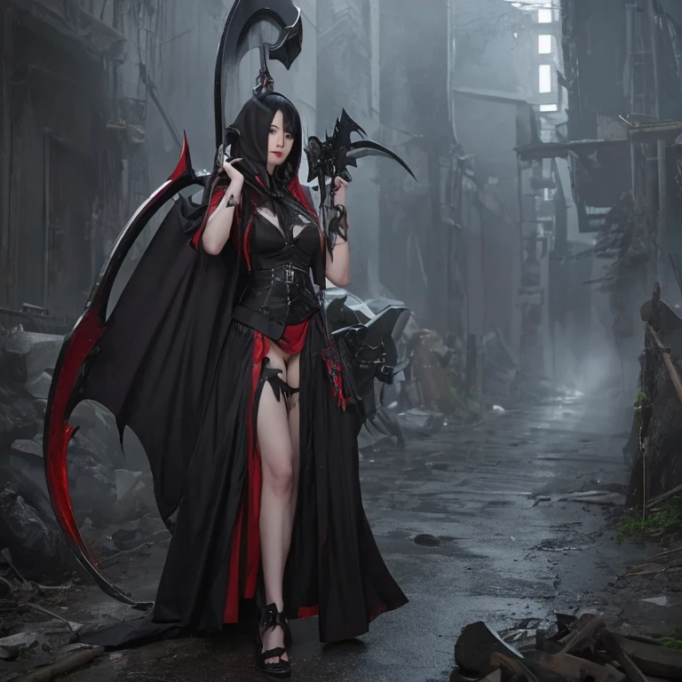realistic girl with horns and a black dress standing in front of a city, 8K, highly detailed, succubus in tight short dress, black horns queen demon, demon girl